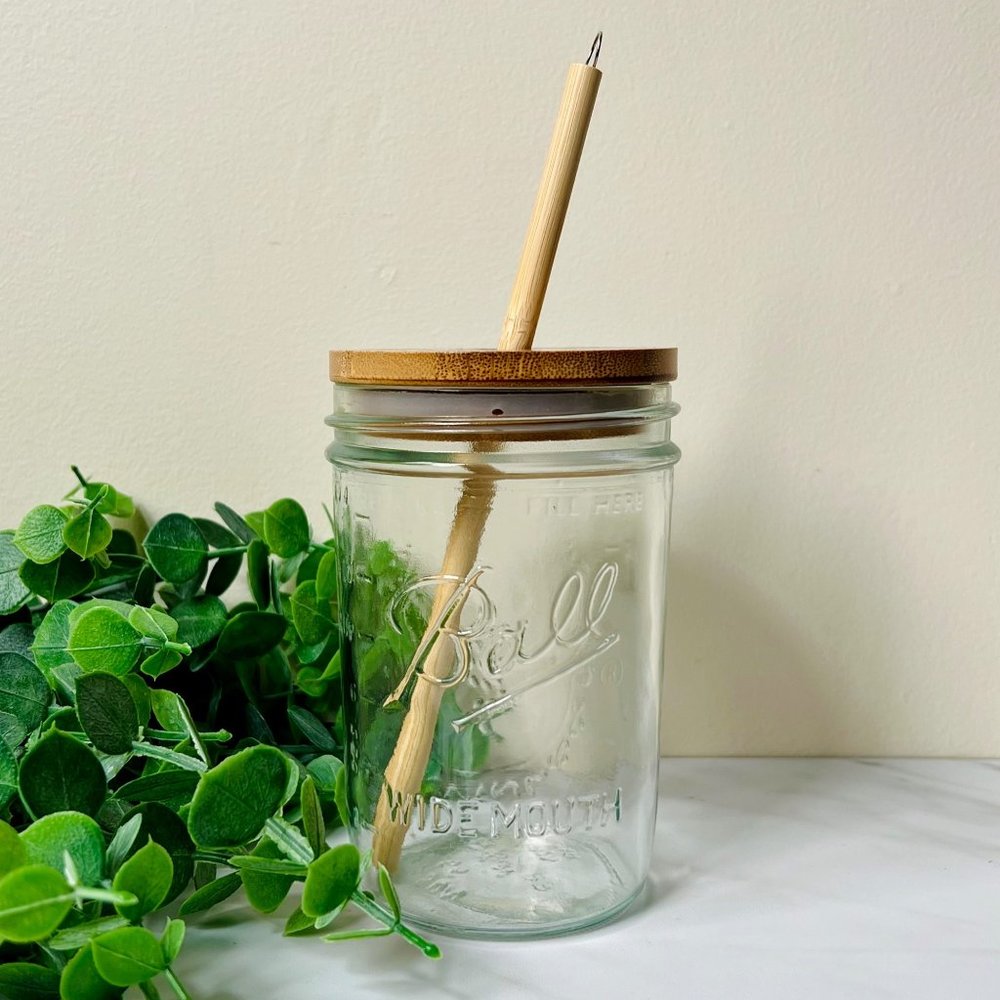 16 oz Reusable Glass Mason Wide Mouth Bamboo Tumbler Set